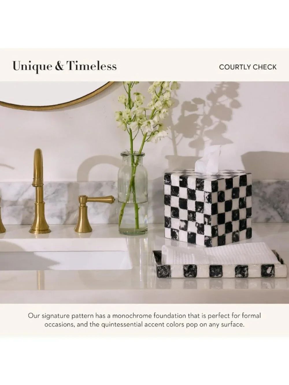 Elegant Rectangular Capiz Vanity Tray - Black & White Check Decor Accent